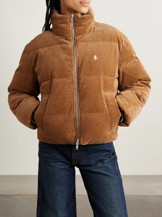 Embroidered Quilted Cotton-blend Corduroy Down Jacket