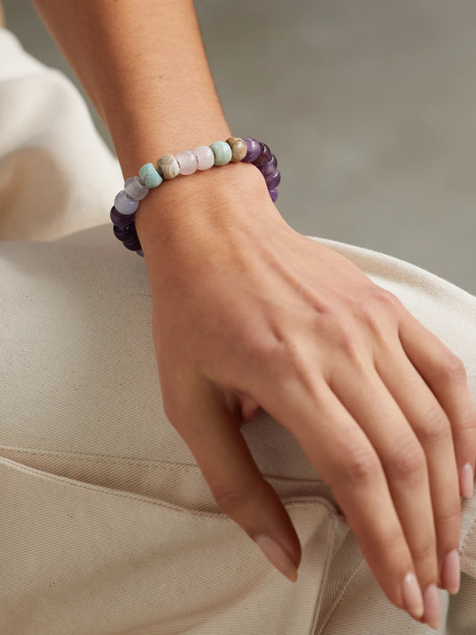 Image of Bracelets. Product name - Forte Beads Big Sur 18-karat Gold And Lurex Multi-stone Bracelet in Purple colour by brand - Carolina Bucci