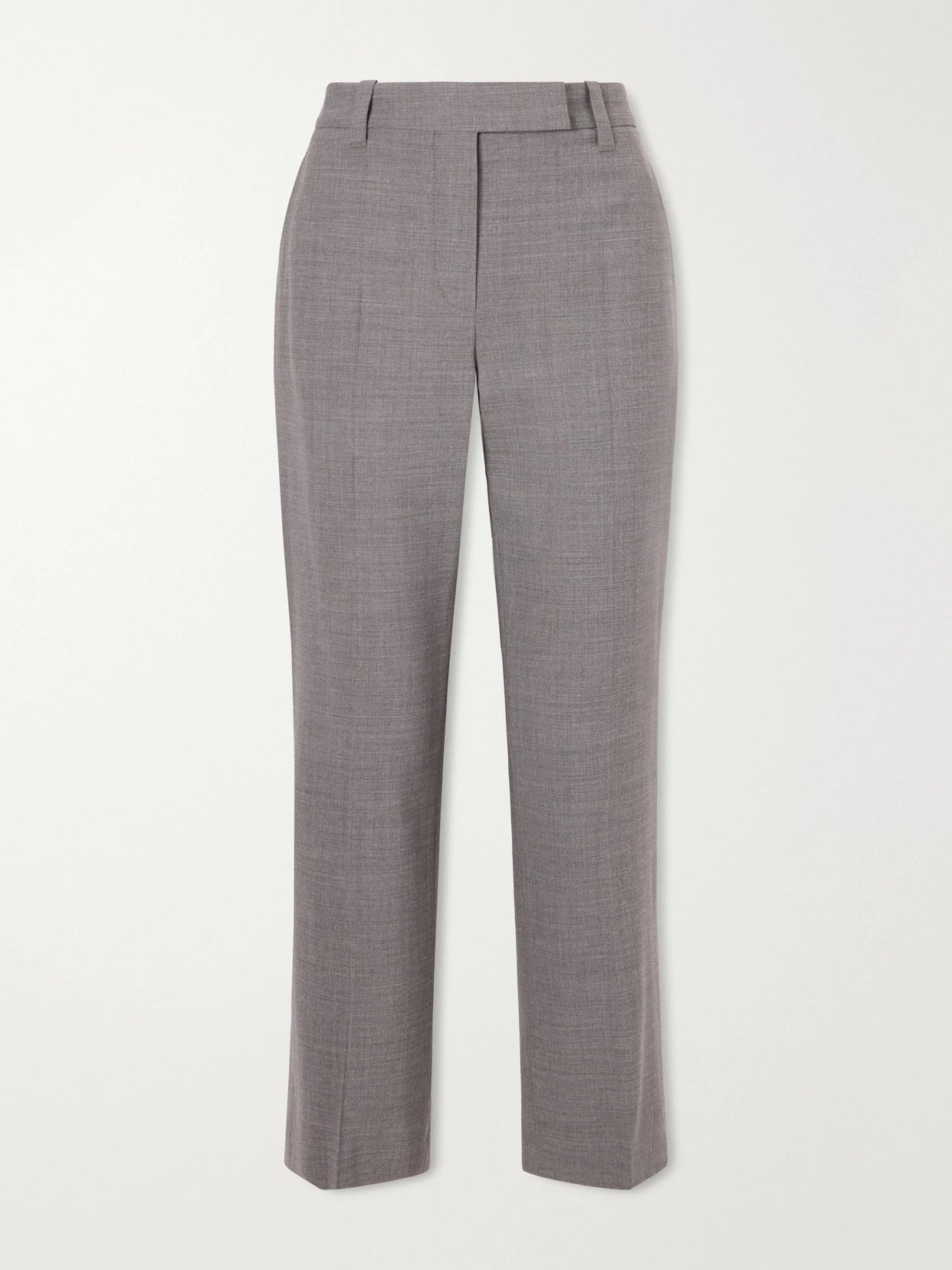 Image of a model wearing Pants. Product name - Tapered Wool-blend Straight-leg Pants in Dark gray colour by brand - Brunello Cucinelli
