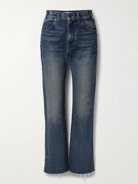 Image of Jeans. Product name - Calla Distressed Mid-rise Straight-leg Jeans in Dark denim colour by brand - Nili Lotan