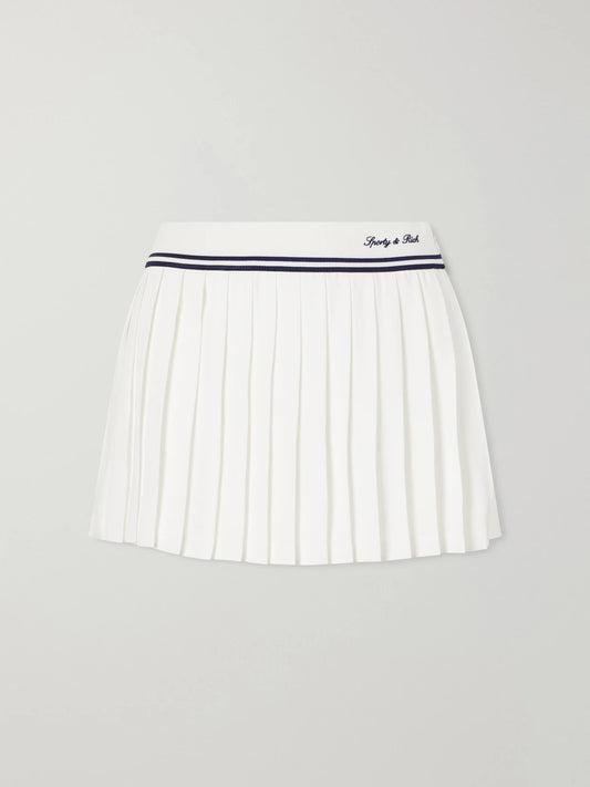 Image of a model wearing Skirts. Product name - Abigail Pleated Embroidered Striped Crepe De Chine Mini Skirt in Ecru colour by brand - Sporty & Rich