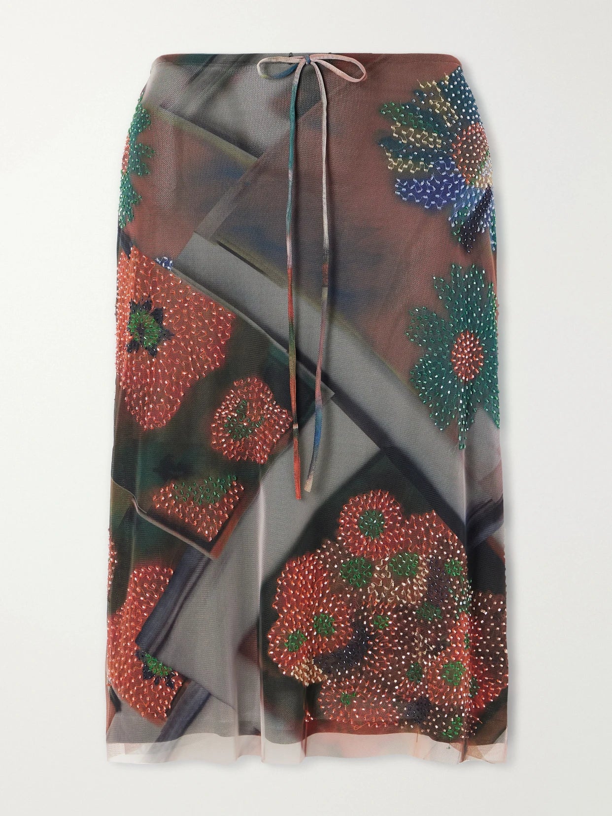 Image of a model wearing Skirts. Product name - Lucia Bead-embellished Printed Tulle Midi Skirt in Multi colour by brand - STAUD