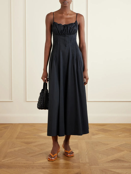 Image of Dresses. Product name - Margi Ruffled Pleated Cotton-stretch Poplin Midi Dress in Black colour by brand - STAUD