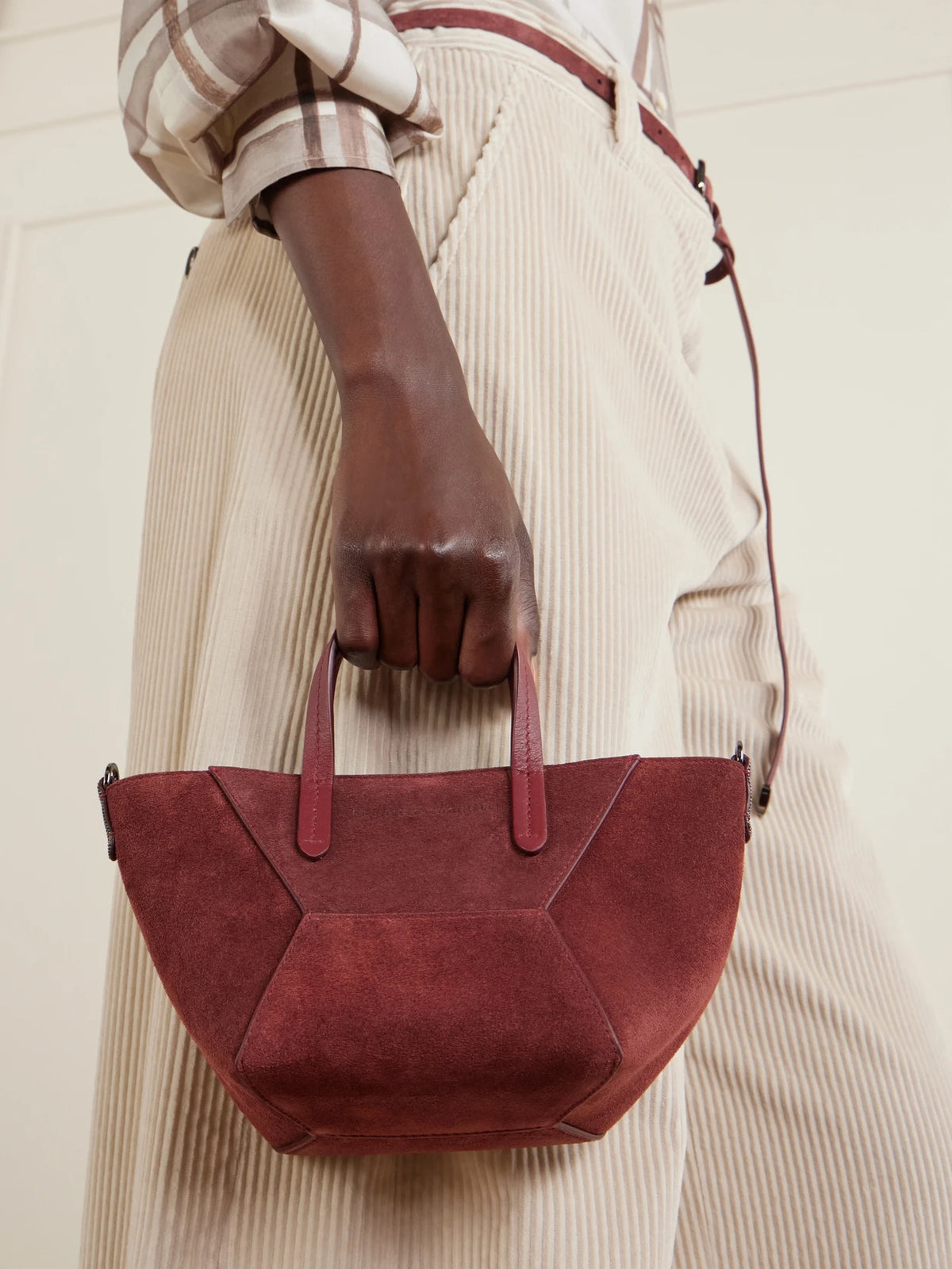 Image of Bags. Product name - Embellished Suede Shoulder Bag in Burgundy colour by brand - Brunello Cucinelli