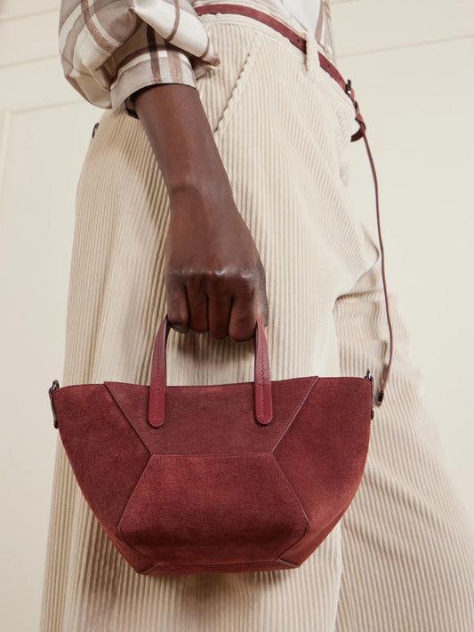 Image of Bags. Product name - Embellished Suede Shoulder Bag in Burgundy colour by brand - Brunello Cucinelli