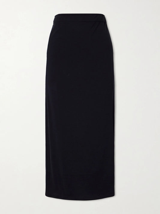 Image of a model wearing Skirts. Product name - Organic Cotton And Silk-blend Wrap Midi Skirt in Black colour by brand - TOTEME