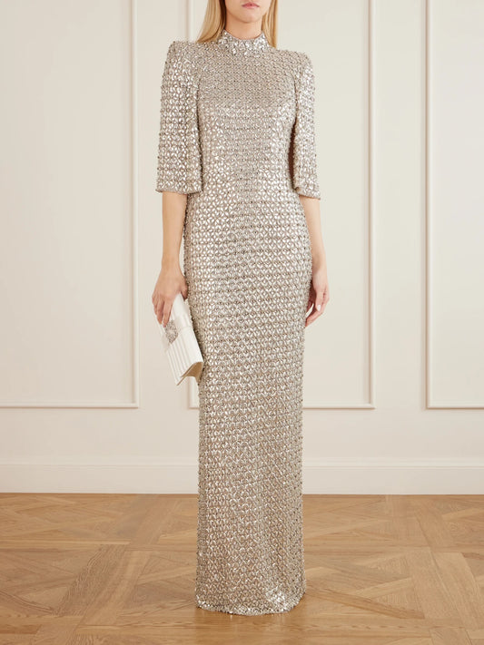 Image of Dresses. Product name - Sedona Crystal-embellished Sequined Tulle Gown in Silver colour by brand - Jenny Packham