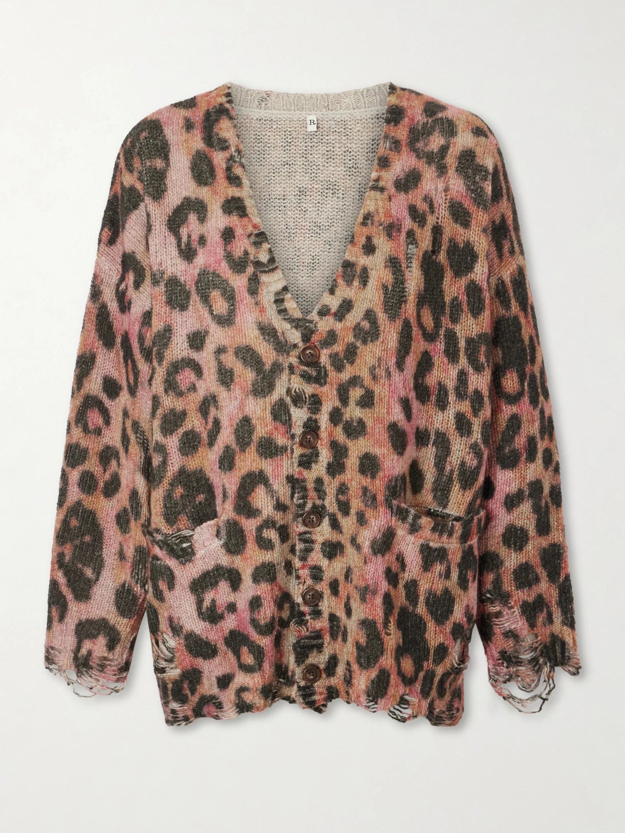 Image of a model wearing Outerwear. Product name - Distressed Animal-print Cashmere Cardigan in Brown colour by brand - R13