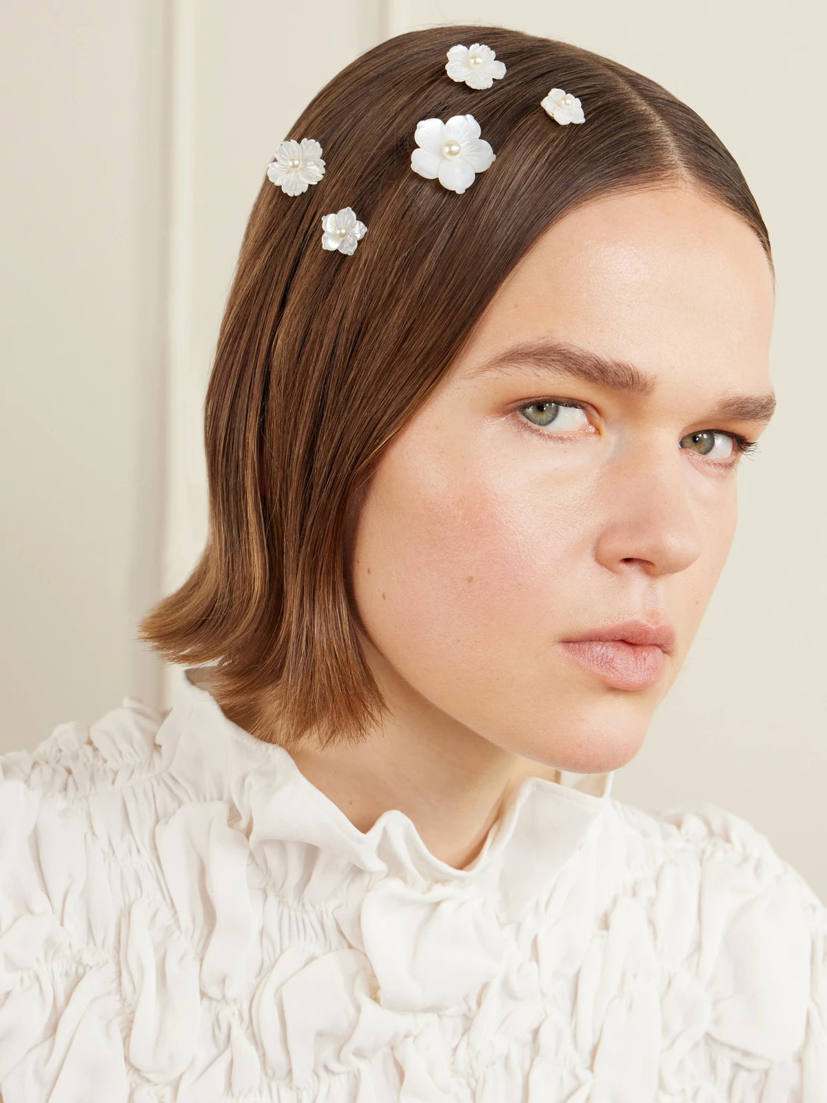 Image of Accessories. Product name - Zinnia Set Of Five Silver-tone Mother-of-pearl Headpiece in White colour by brand - Jennifer Behr