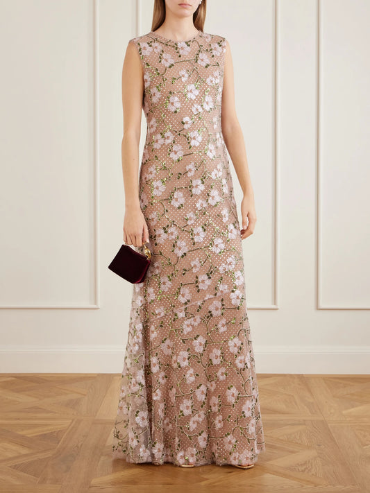 Image of Dresses. Product name - Sequin-embellished Mesh Maxi Dress in Pink colour by brand - Self-Portrait