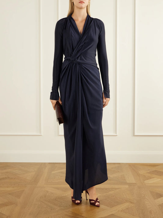 Image of Dresses. Product name - Lea Gathered Jersey Midi Dress in Navy colour by brand - Victoria Beckham