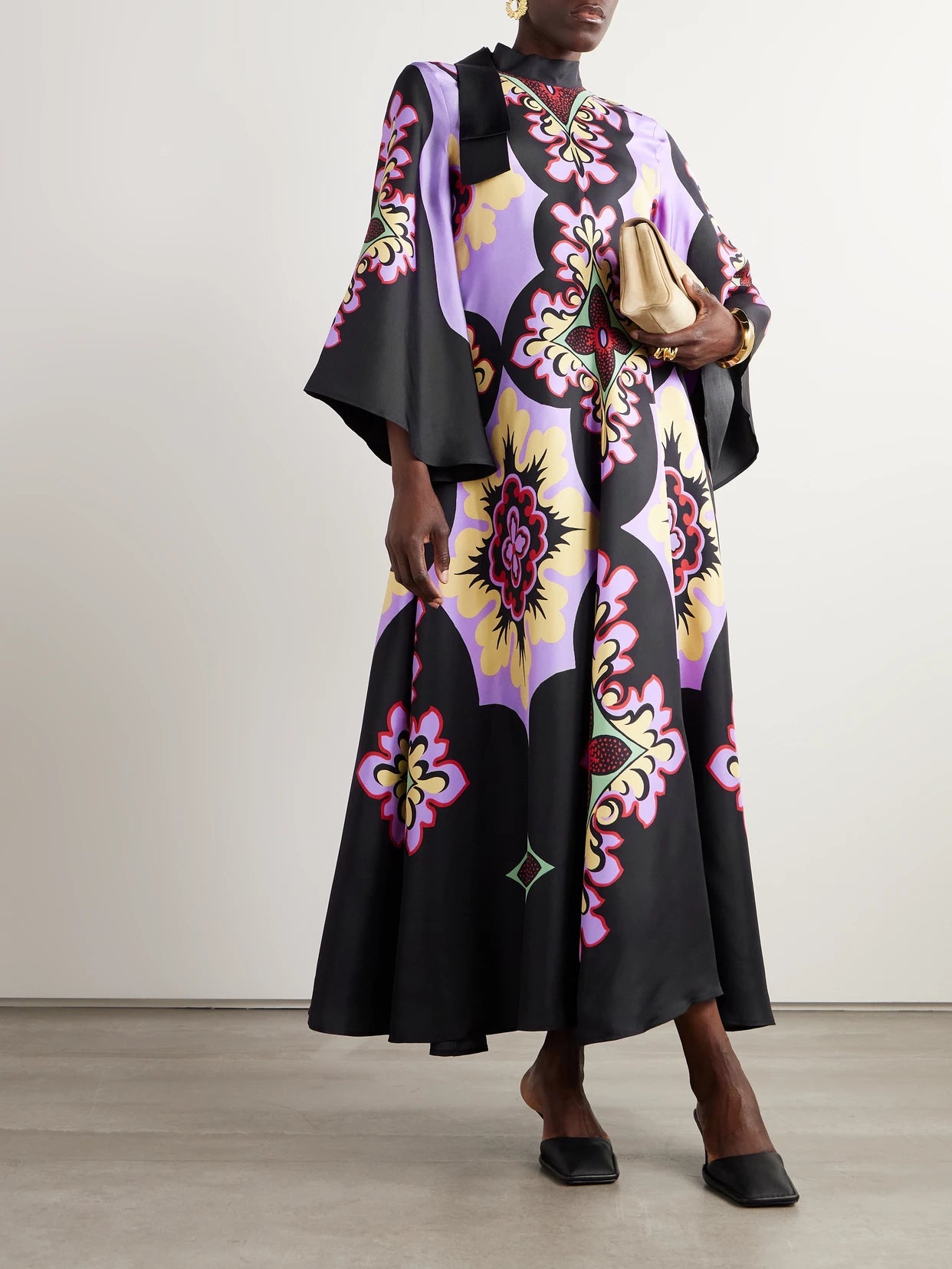 Image of Dresses. Product name - Icon Magnifico Draped Printed Silk-twill Maxi Dress in Purple colour by brand - La DoubleJ
