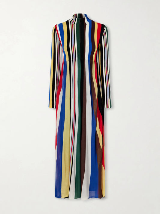 Striped Chiffon And Ribbed Jersey Maxi Dress