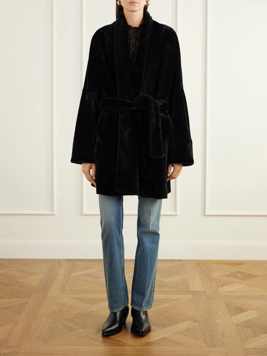 Nour Hammour Raquel Belted Paneled Shearling Coat
