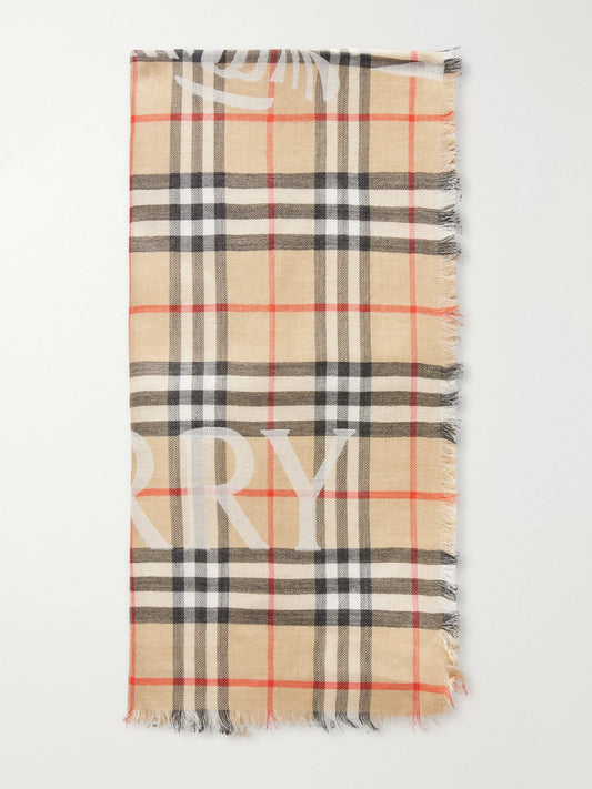 Frayed Printed Checked Wool And Silk-blend Scarf