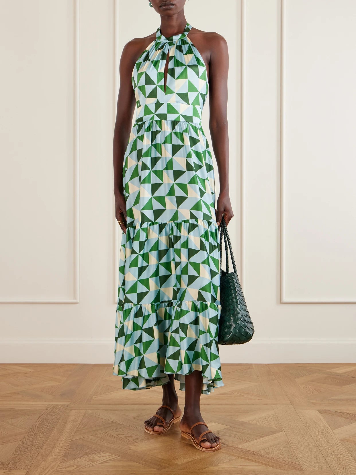 Image of Dresses. Product name - Anna Printed Silk-blend Satin Halterneck Maxi Dress in Green colour by brand - Cristiano Marcheli