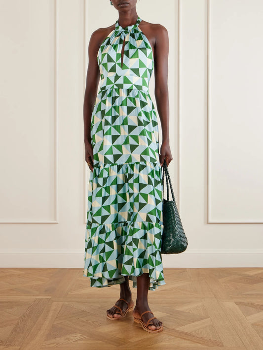 Image of Dresses. Product name - Anna Printed Silk-blend Satin Halterneck Maxi Dress in Green colour by brand - Cristiano Marcheli