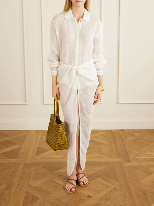 Image of a model wearing Tops. Product name - Sanbu Linen Shirt in White colour by brand - Le Kasha