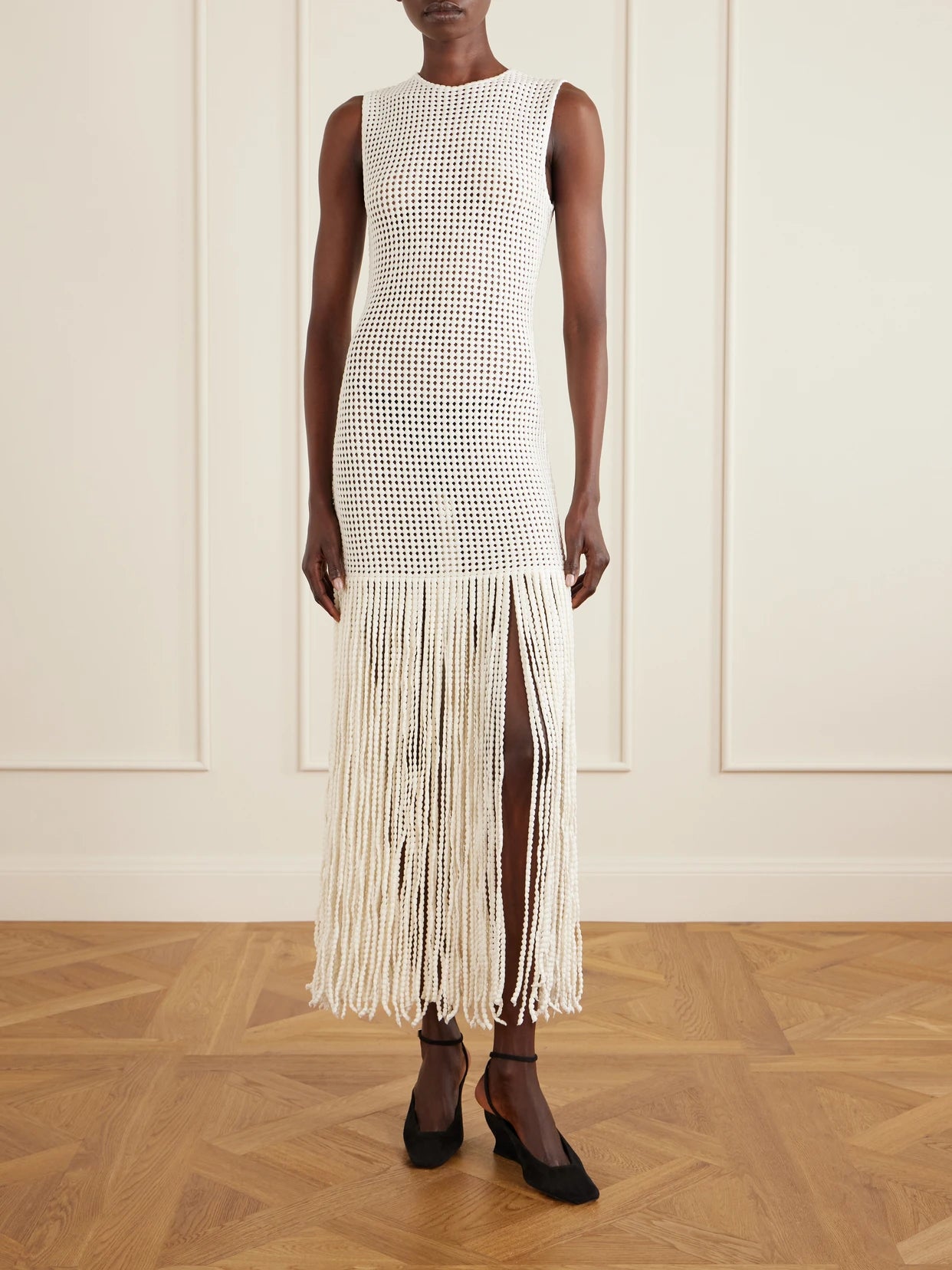 Image of Dresses. Product name - Fringed Open-knit Midi Dress in White colour by brand - Alaïa