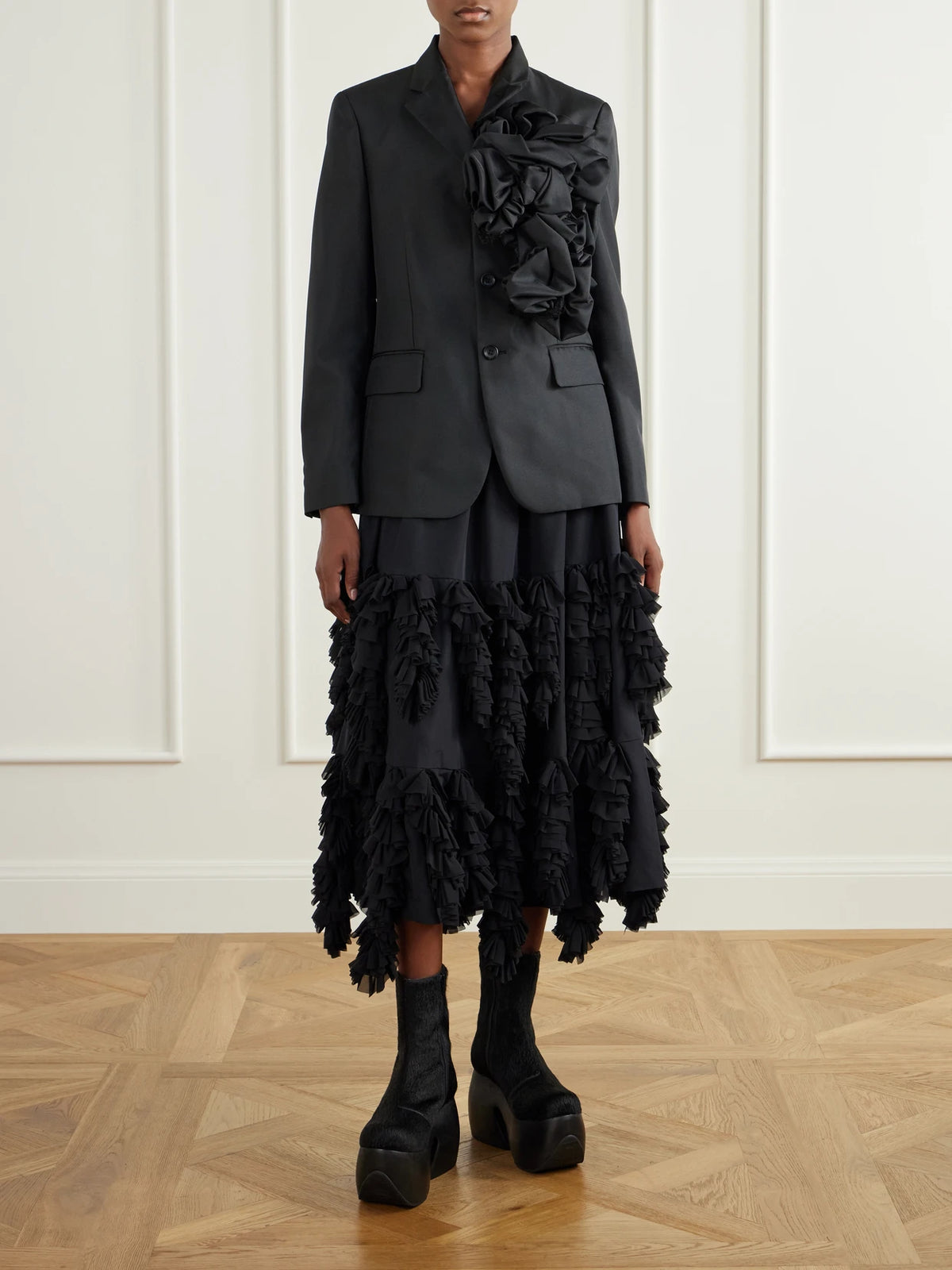 Image of Coats & Jackets. Product name - Floral-appliquéd Twill Jacket in Black colour by brand - Comme des Garçons