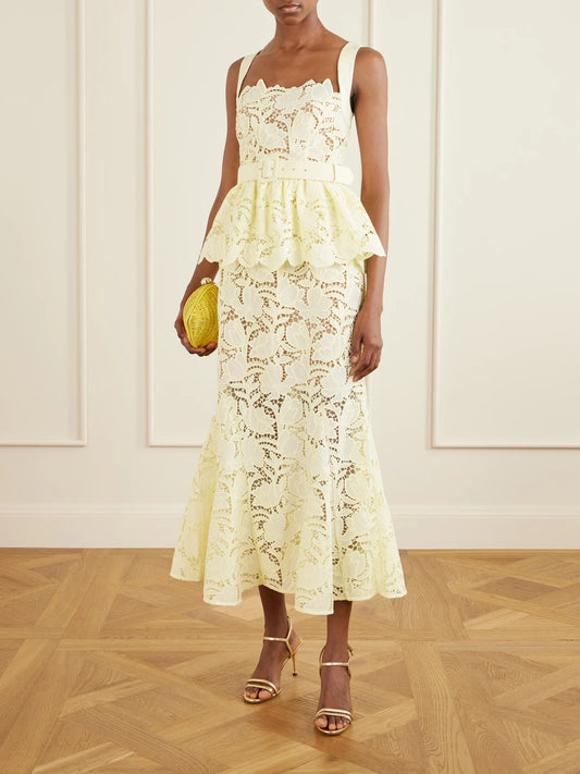 Belted Lace Peplum Midi Dress