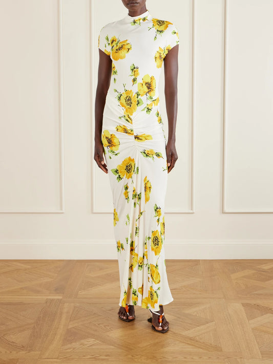 Image of Dresses. Product name - Floral-print Jersey Draped Maxi Dress in White colour by brand - Alaïa