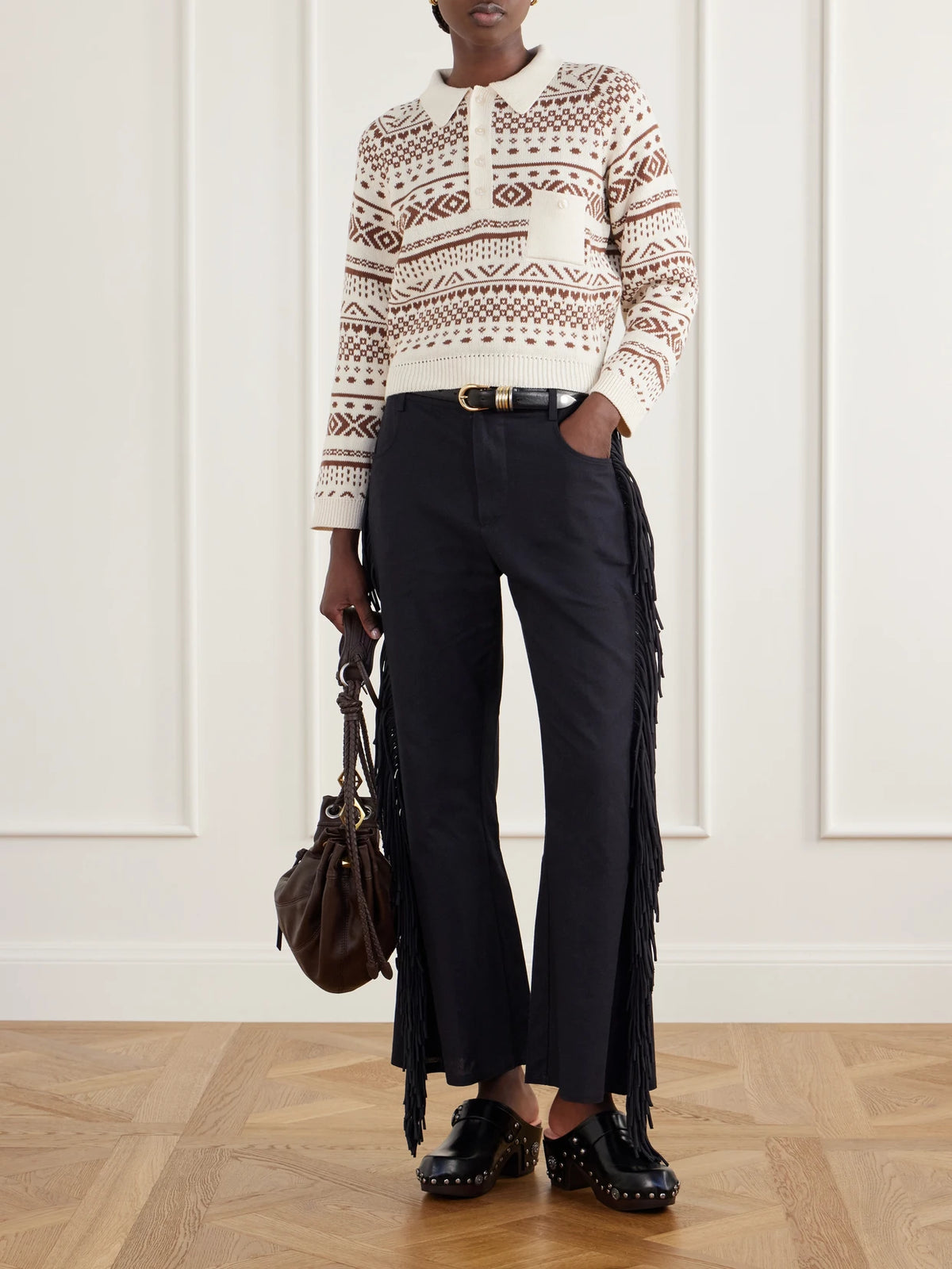Image of a model wearing Outerwear. Product name - Liza Frost Fair Isle Cotton Polo Sweater in Off-white colour by brand - ALIX OF BOHEMIA