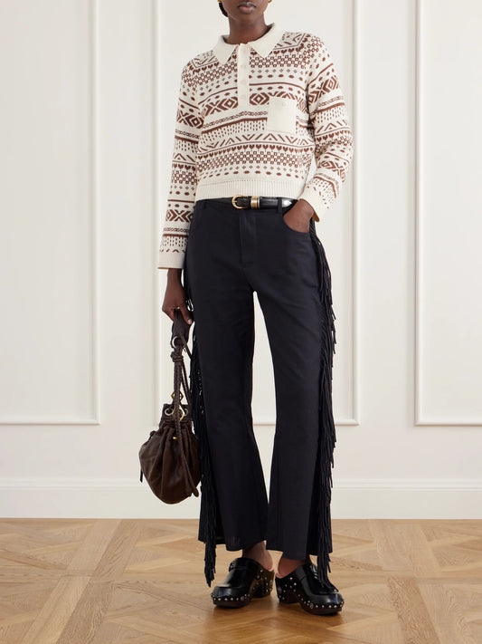 Image of a model wearing Outerwear. Product name - Liza Frost Fair Isle Cotton Polo Sweater in Off-white colour by brand - ALIX OF BOHEMIA