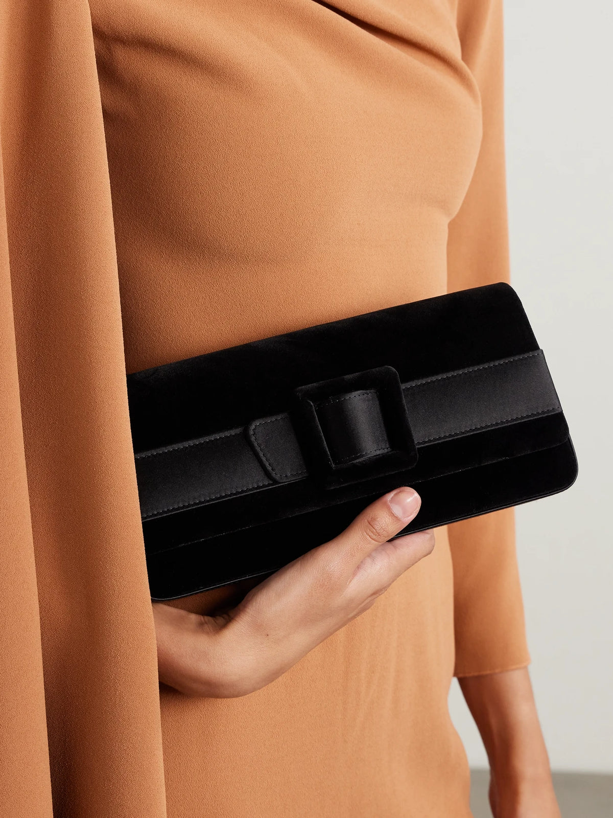 Image of Bags. Product name - Maygot Buckle-embellished Satin-trimmed Velvet Clutch in Black colour by brand - Manolo Blahnik