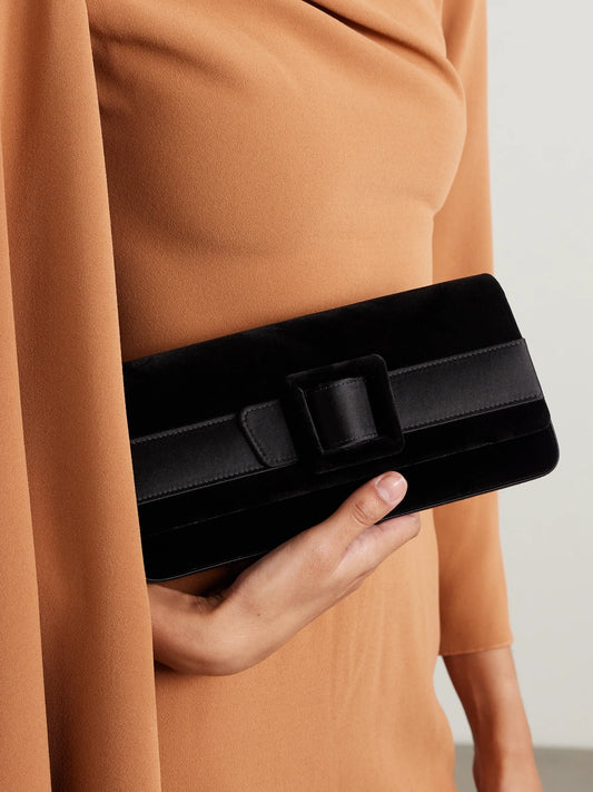 Image of Bags. Product name - Maygot Buckle-embellished Satin-trimmed Velvet Clutch in Black colour by brand - Manolo Blahnik
