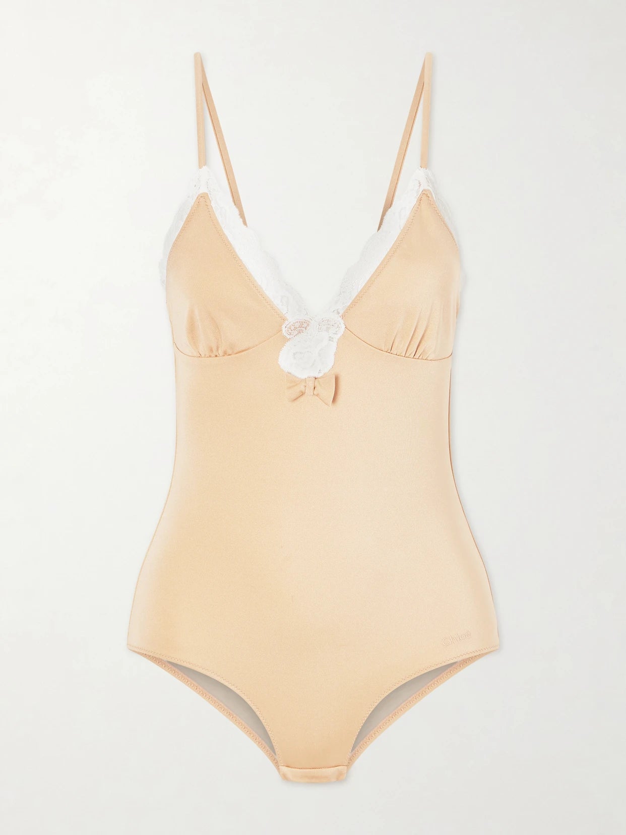 Bow-detailed Lace-trimmed Stretch-jersey Bodysuit