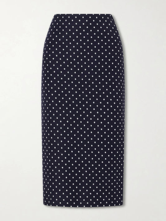 Image of a model wearing Skirts. Product name - Polka-dot Jersey Midi Skirt in Navy colour by brand - Max Mara