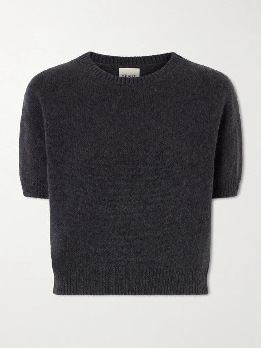 Image of a model wearing Outerwear. Product name - Golden Cropped Cashmere Sweater in Dark gray colour by brand - KHAITE