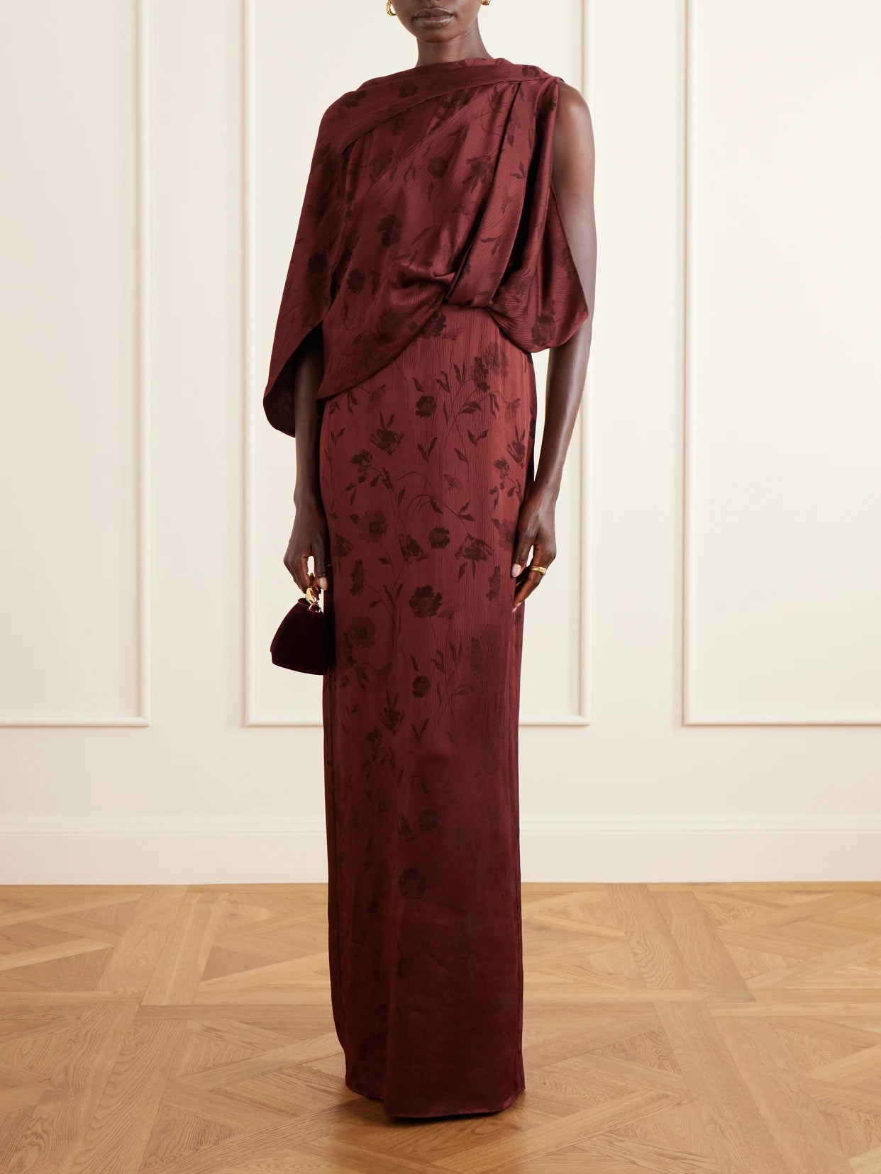 Image of Dresses. Product name - Draped Floral-jacquard Crepon Gown in Burgundy colour by brand - Erdem