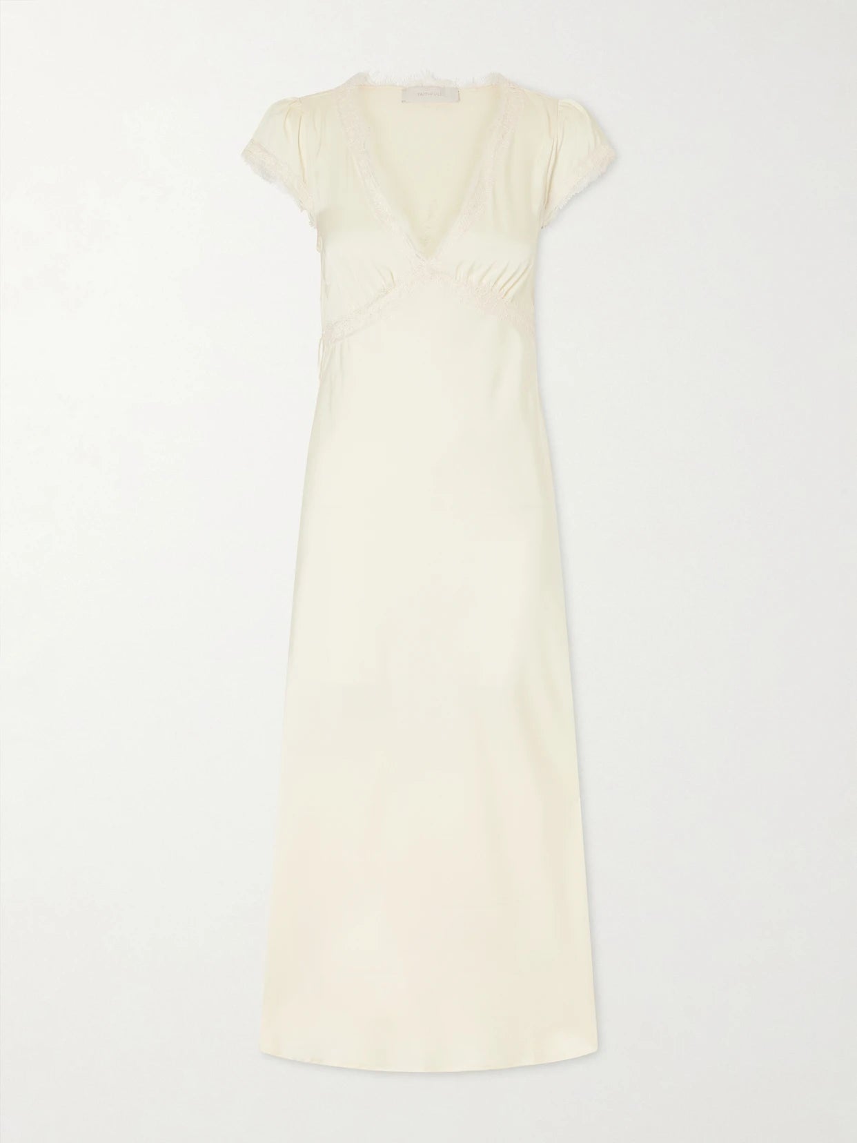 Image of Dresses. Product name - Gala Lace-trimmed Recycled-satin Maxi Dress in Yellow colour by brand - Faithfull