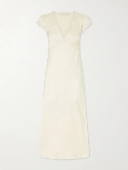 Image of Dresses. Product name - Gala Lace-trimmed Recycled-satin Maxi Dress in Yellow colour by brand - Faithfull