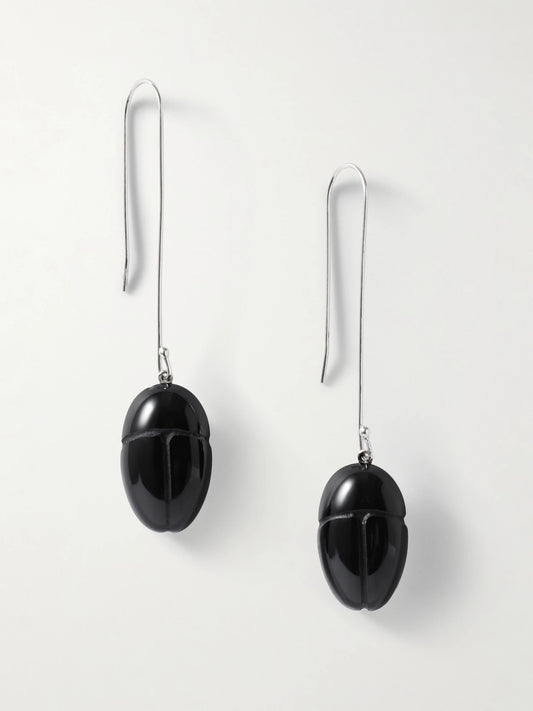 Scarab Silver Onyx Drop Earrings