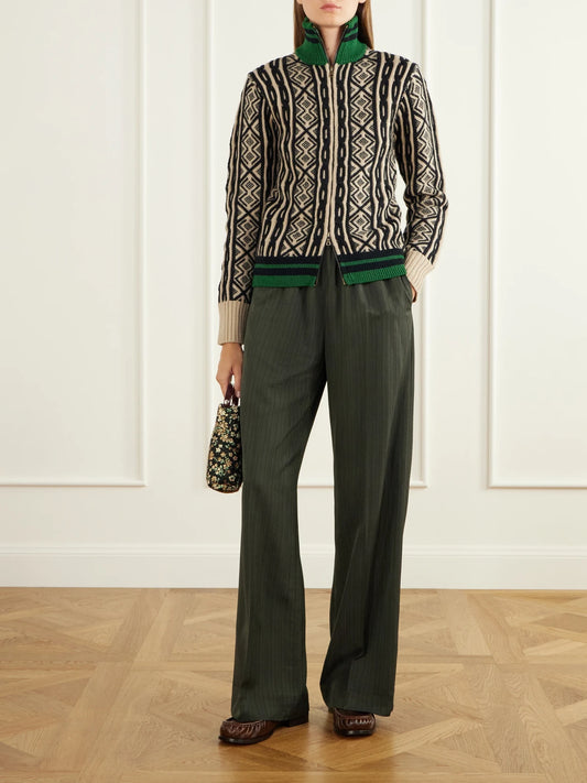 Image of a model wearing Outerwear. Product name - Wool-jacquard Zip-up Cardigan in Multi colour by brand - Dries Van Noten
