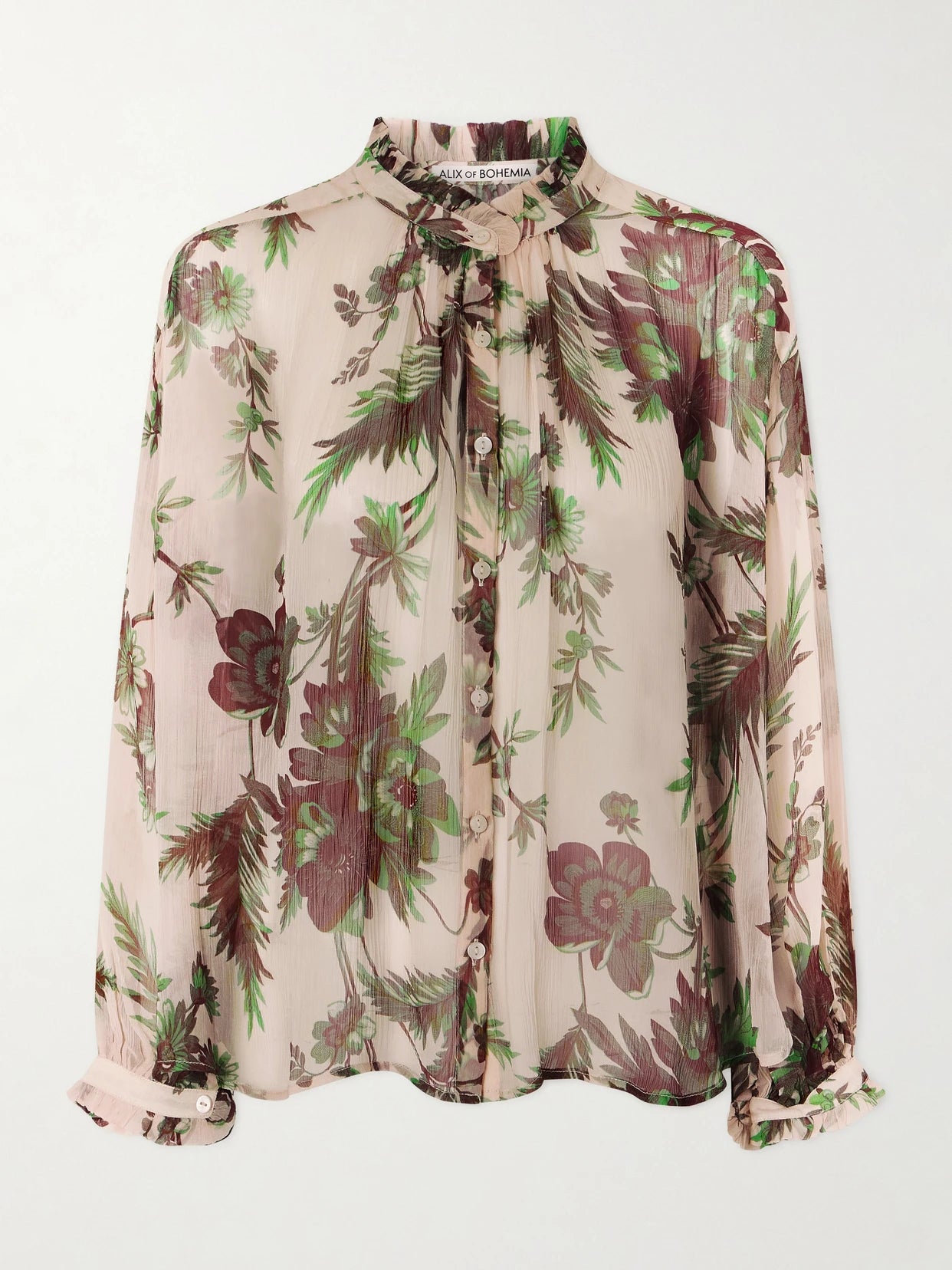 Image of a model wearing Tops. Product name - Poet Summermoss Floral-print Chiffon Blouse in Cream colour by brand - ALIX OF BOHEMIA