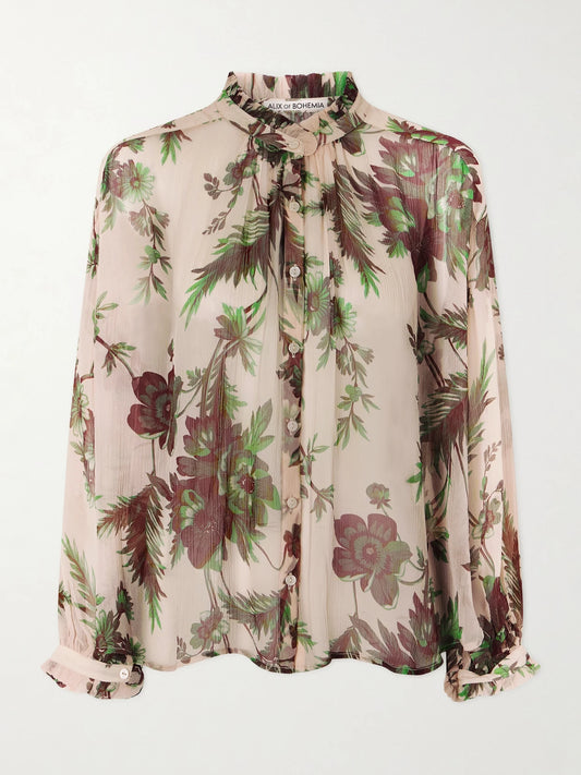 Image of a model wearing Tops. Product name - Poet Summermoss Floral-print Chiffon Blouse in Cream colour by brand - ALIX OF BOHEMIA