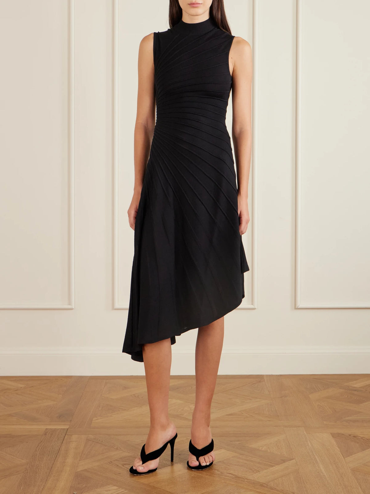 Image of Dresses. Product name - Asymmetric Ribbed Wool Turtleneck Midi Dress in Black colour by brand - Alaïa