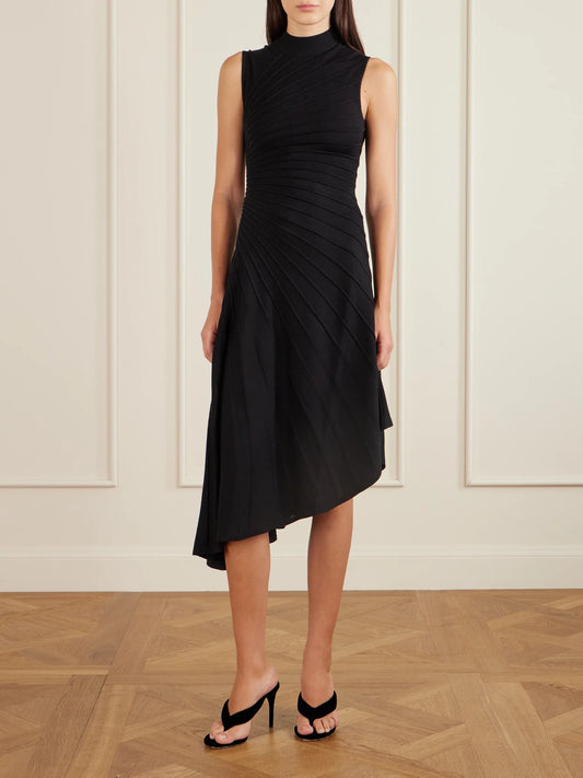 Image of Dresses. Product name - Asymmetric Ribbed Wool Turtleneck Midi Dress in Black colour by brand - Alaïa