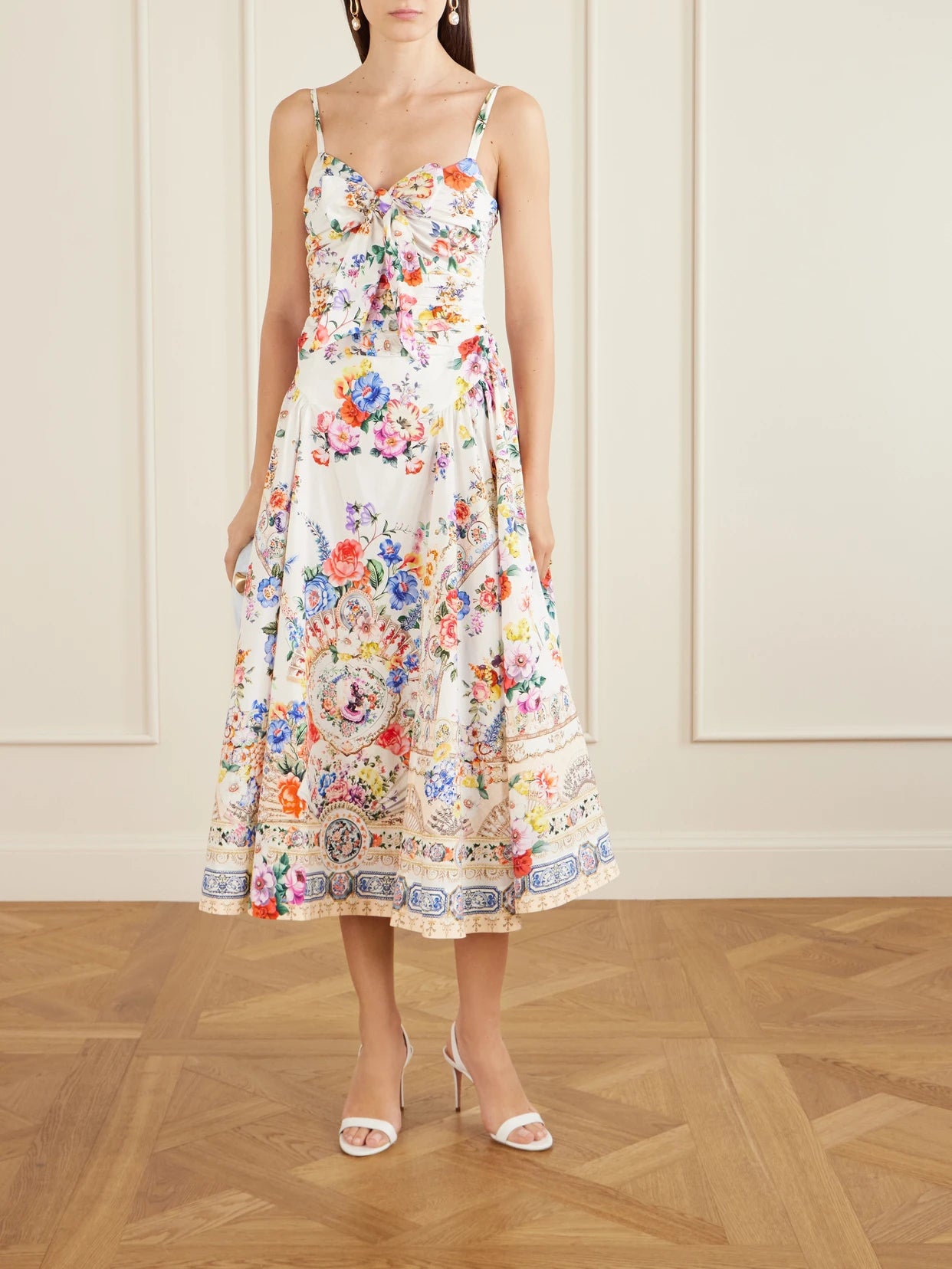 Image of Dresses. Product name - Ballerina Tie-detailed Cutout Ruched Floral-print Cotton-blend Midi Dress in Multi colour by brand - Camilla