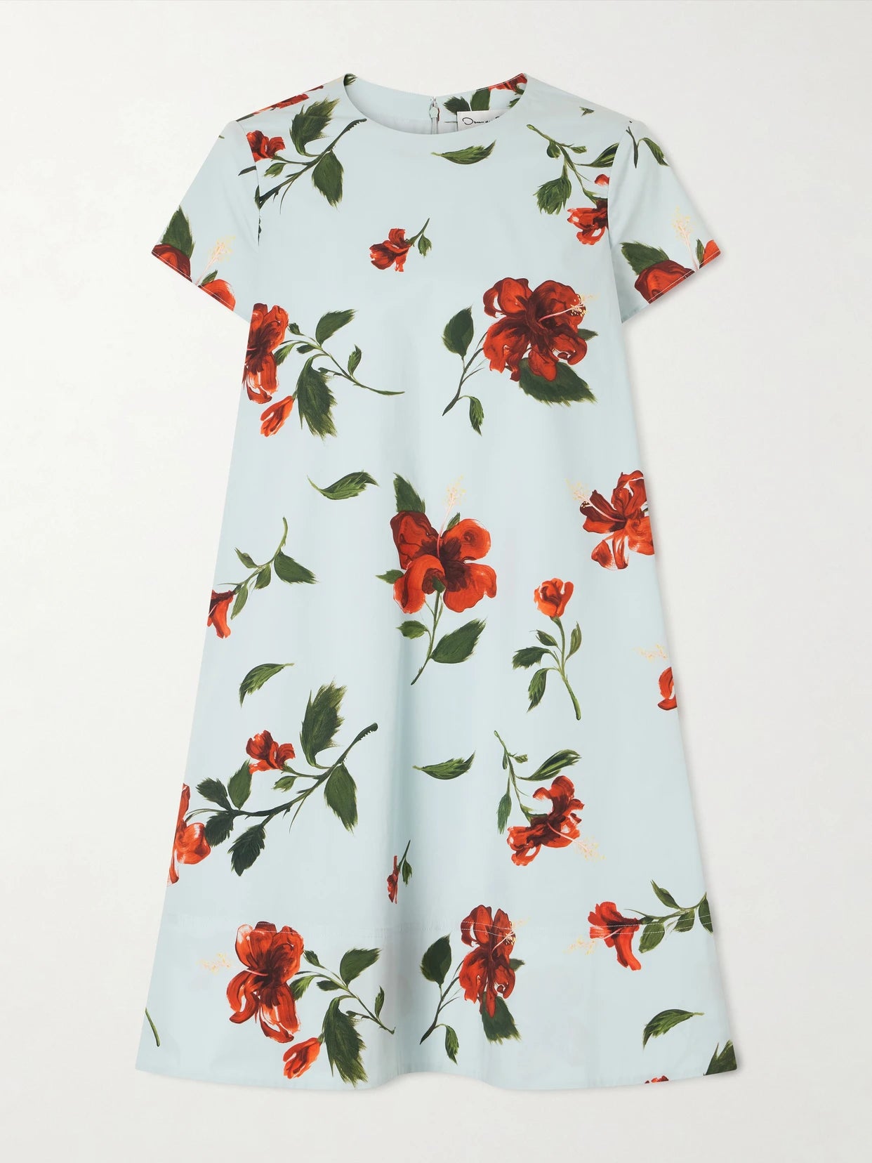 Image of Dresses. Product name - Floral-print Cotton-blend Poplin Mini Dress in Light blue colour by brand - Oscar de la Renta