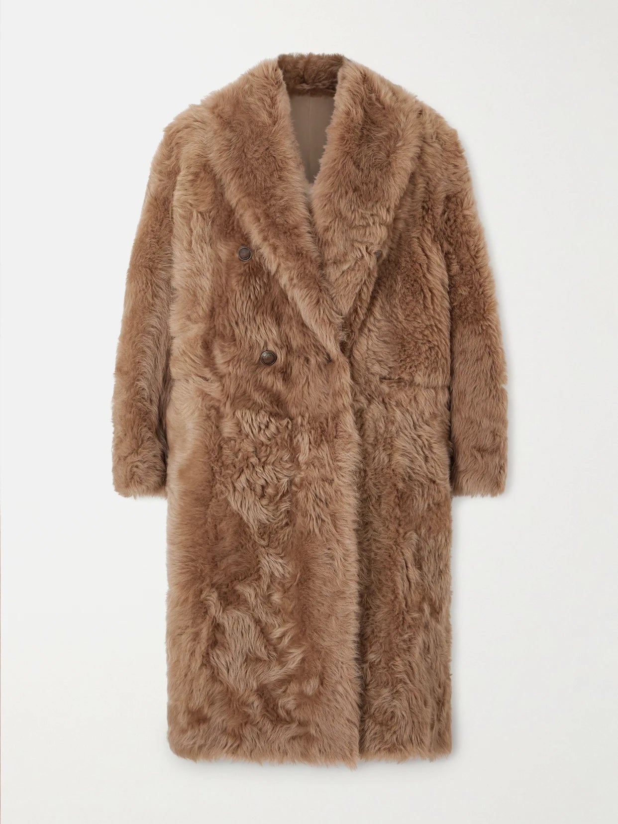 Image of Coats & Jackets. Product name - Oversized Shearling Double-breasted Coat in Sand colour by brand - Brunello Cucinelli