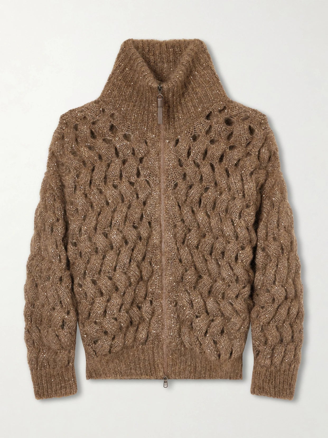 Image of a model wearing Outerwear. Product name - Sequin-embellished Mohair-blend Zip-up Cardigan in Brown colour by brand - Brunello Cucinelli