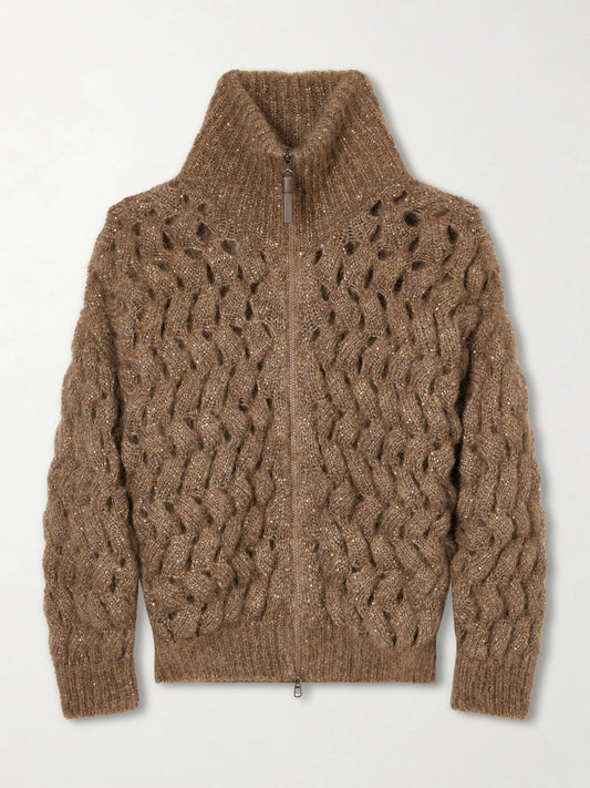 Image of a model wearing Outerwear. Product name - Sequin-embellished Mohair-blend Zip-up Cardigan in Brown colour by brand - Brunello Cucinelli
