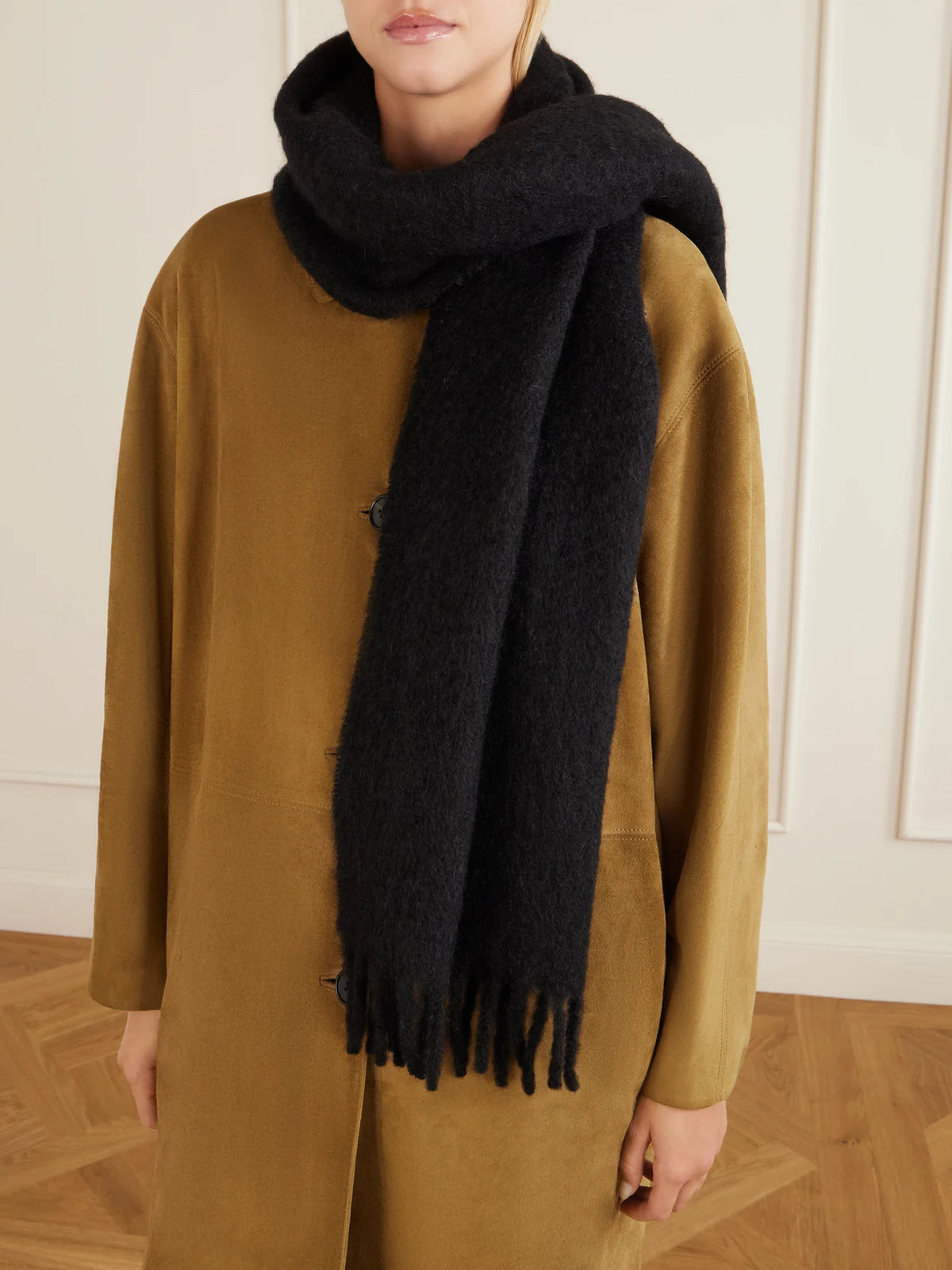 Image of Scarves & Shawls. Product name - Fringed Mohair And Wool-blend Scarf in Black colour by brand - The Row