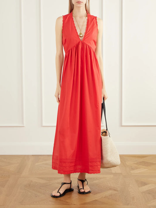 Image of Dresses. Product name - Jovita Gathered Broderie-anglaise Trimmed Cotton-poplin Midi Dress in Multi colour by brand - Faithfull
