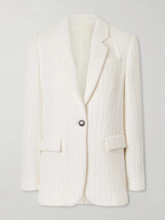 Image of a model wearing Outerwear. Product name - Cable-knit Cotton Blazer in White colour by brand - Brunello Cucinelli